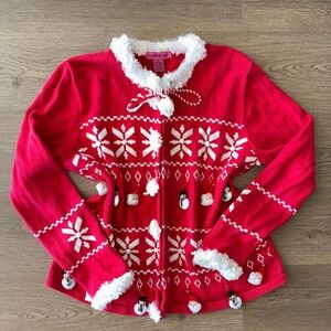 Vintage Red Bobbie Bell HandKnit Christmas Holiday Embroidery Cardigan Sweater L